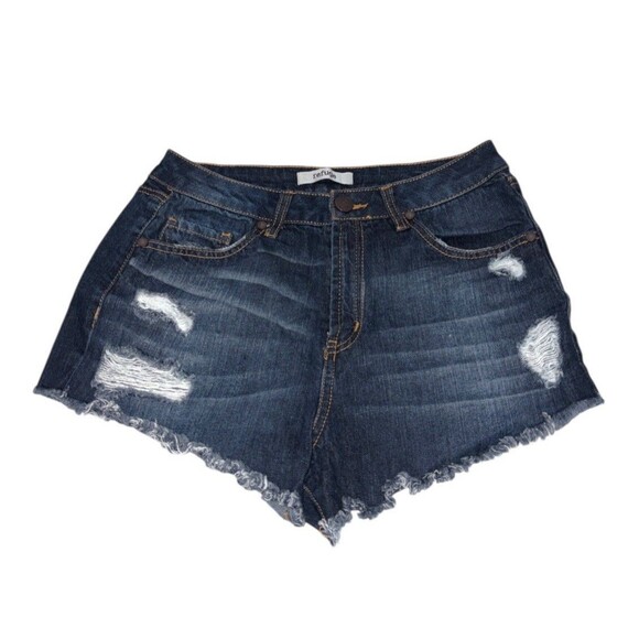 Y2K Refuge Jean Shorts Women’s Size 6 Dark Blue Denim Raw Hem Frayed Booty Short - Picture 1 of 11